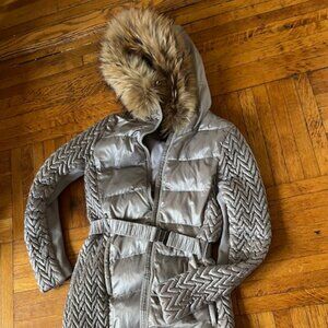BCBG Maxazria Women's Bronze puffer Jacket mid-length - hood with real fur trim